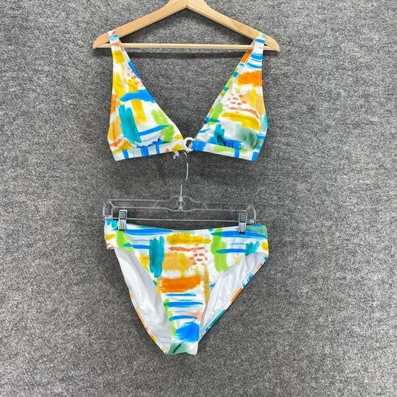 New Cupshe Bikini Swim Suit Women XL Blue Colorblock 2 Piece Lined V-Neck Tie Up - Picture 1 of 9